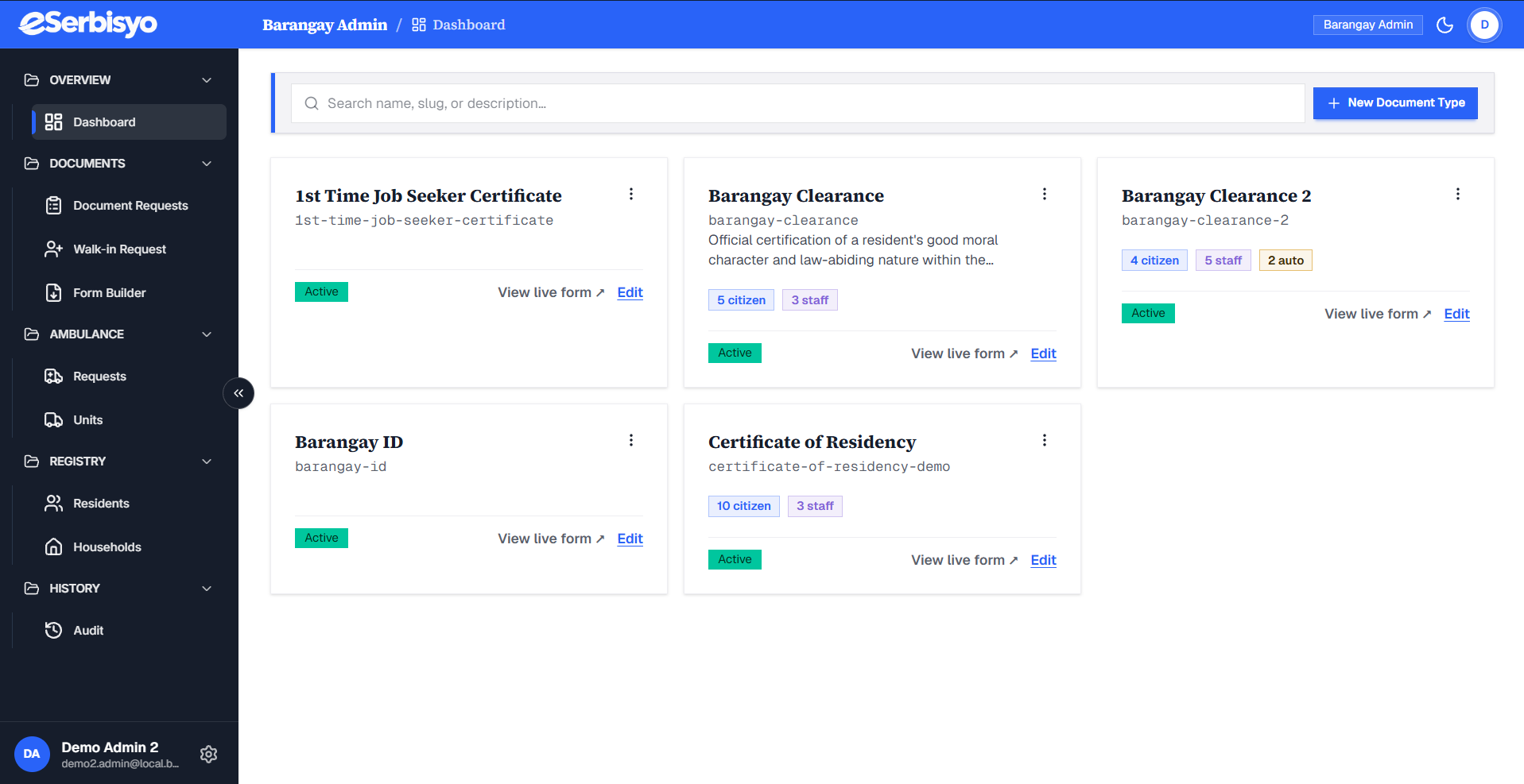 eSerbisyo form builder — create custom document templates with drag-and-drop fields