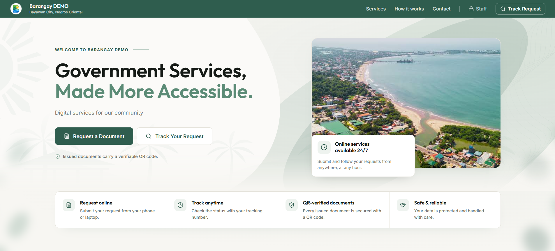 eSerbisyo tenant landing page — public-facing document request portal for residents